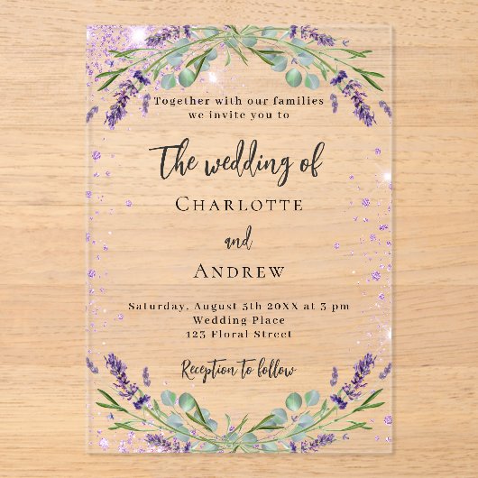Invitations En Acrylique Fleurs de violette de lavande eucalyptus mariage (Recto)