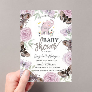 Invitations En Acrylique Fleurs d'éléphant Papillons Rose Baby Shower
