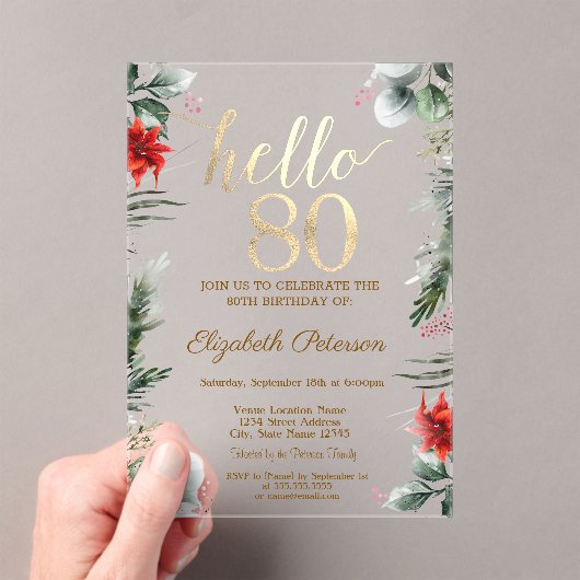Invitations En Acrylique Fleurs d'hiver Poinsettia 80e anniversaire (In situ (ordinateur de poche))