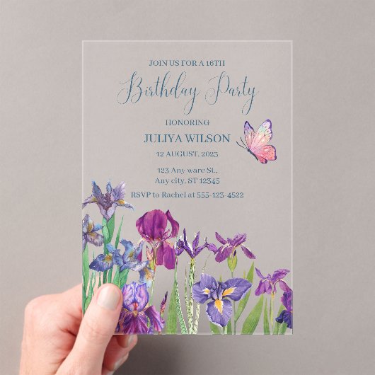 Invitations En Acrylique Fleurs d'Iris 16e fête d'anniversaire (In situ (ordinateur de poche))