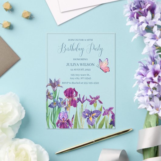 Invitations En Acrylique Fleurs d'Iris 16e fête d'anniversaire (Insitu (Mariage))