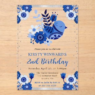 Invitations En Acrylique Fleurs d'oiseau d'anniversaire en porcelaine aquar