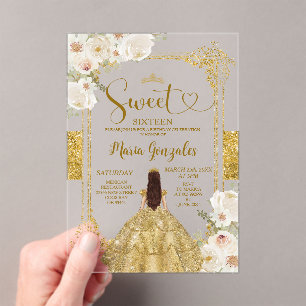 Invitations En Acrylique Fleurs d'or et de blanc Sweet sixteen couronne Ann