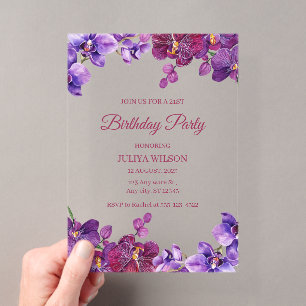 Invitations En Acrylique Fleurs d'orchidée Fête d'anniversaire