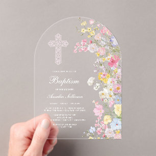 Invitations En Acrylique Fleurs élégantes de prairie Arche Baptême