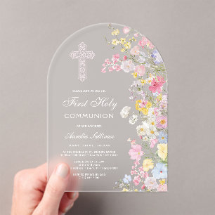 Invitations En Acrylique Fleurs élégantes de prairie Arche Première Communi