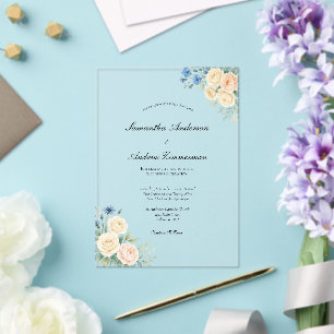 Invitations En Acrylique Fleurs élégantes rose bleu clair mariage crème