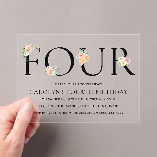 Invitations En Acrylique Fleurs Élégantes Simplement Quatre 4e Anniversaire (In situ (ordinateur de poche))