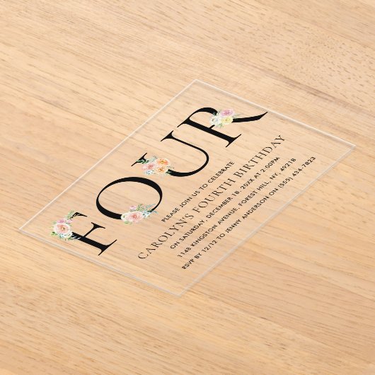 Invitations En Acrylique Fleurs Élégantes Simplement Quatre 4e Anniversaire (Poser)