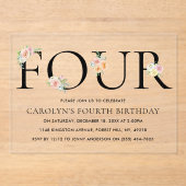Invitations En Acrylique Fleurs Élégantes Simplement Quatre 4e Anniversaire (Recto)