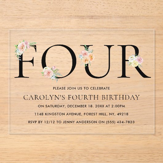 Invitations En Acrylique Fleurs Élégantes Simplement Quatre 4e Anniversaire (Recto)