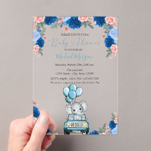 Invitations En Acrylique Fleurs, éléphant porte bébé Shower