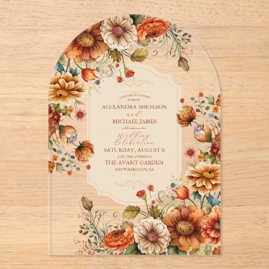 Invitations En Acrylique Fleurs en terre cuite rouille Mariage de automne o (Recto)