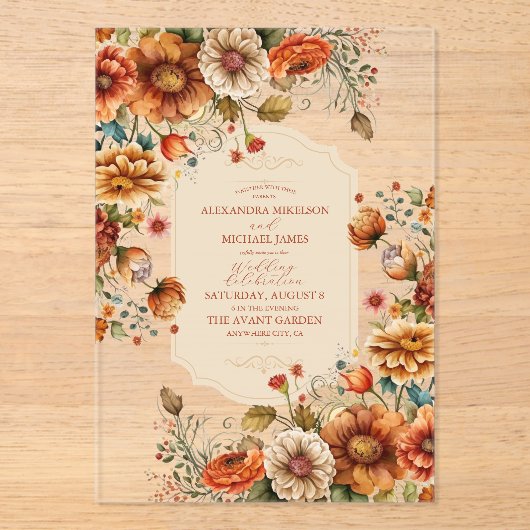 Invitations En Acrylique Fleurs en terre cuite rouille Mariage de automne o (Recto)