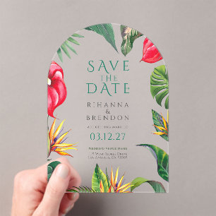 Invitations En Acrylique Fleurs et Feuilles Tropicales Mariage Enregistrer