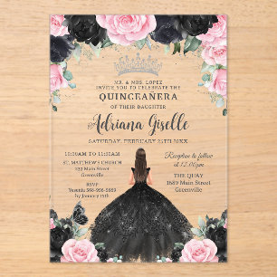 Invitations En Acrylique Fleurs florales roses noires Roses Robe Quinceaner