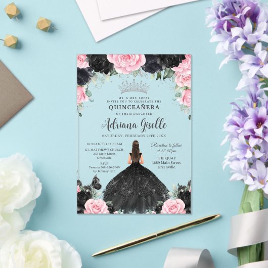 Invitations En Acrylique Fleurs florales roses noires Roses Robe Quinceaner (Insitu (Mariage))