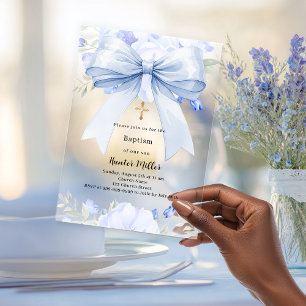 Invitations En Acrylique Fleurs garçon arc bleu baptême clair