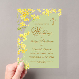 Invitations En Acrylique Fleurs jaunes Mariage religieux Arche Lavande