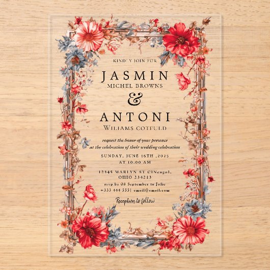 Invitations En Acrylique Fleurs Mariage de feuillage de chute (Recto)
