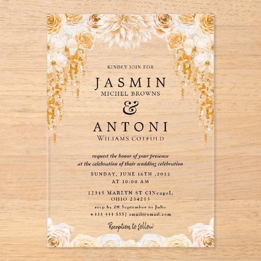 Invitations En Acrylique Fleurs Mariage de feuillage de chute (Recto)