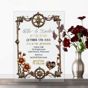 Invitations En Acrylique Fleurs métalliques Steampunk dorées et mariage pho