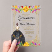 Invitations En Acrylique Fleurs mexicaines avec Quinceañera Noir Or (In situ (ordinateur de poche))