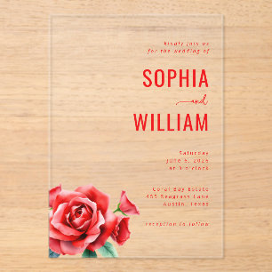 Invitations En Acrylique Fleurs noires et rouges sophistiquées