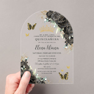 Invitations En Acrylique Fleurs noires papillons dorés Quinceanera 15 Arche