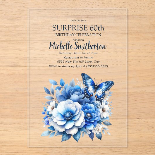 Invitations En Acrylique Fleurs papillons bleues Surprise 60e anniversaire (Recto)