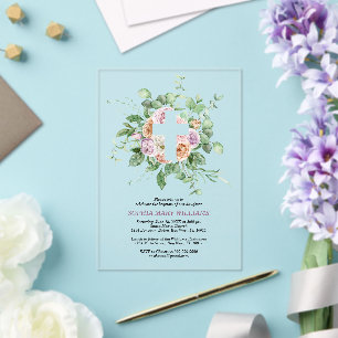 Invitations En Acrylique Fleurs romantiques & Fille à la croix blanche Bapt