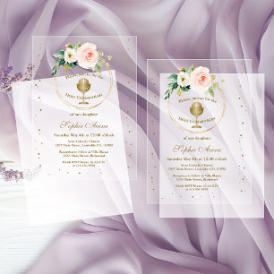 Invitations En Acrylique Fleurs Rose Blush Or Première Communion Solennelle