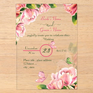 Invitations En Acrylique fleurs rose chaud feuilles vertes papillons mariag