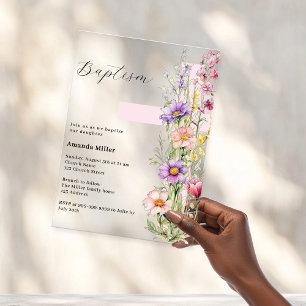 Invitations En Acrylique Fleurs rose croix fille transparente Baptême