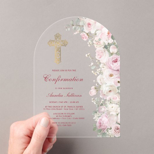 Invitations En Acrylique Fleurs Rose Pâle Arche Confirmation (In situ (ordinateur de poche))