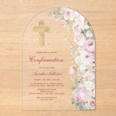 Invitations En Acrylique Fleurs Rose Pâle Arche Confirmation (Recto)