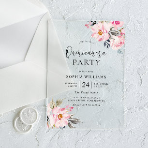Invitations En Acrylique Fleurs Rose Pâle Douce Fête de Quinceanera