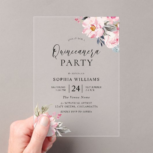 Invitations En Acrylique Fleurs rose pâle Douce Quinceanera Party (In situ (ordinateur de poche))