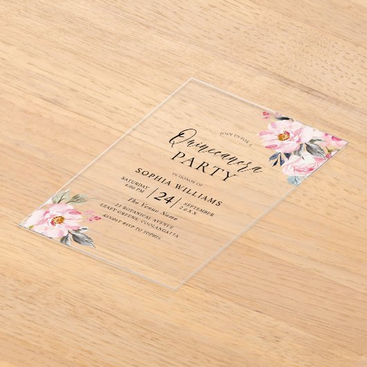 Invitations En Acrylique Fleurs rose pâle Douce Quinceanera Party (Poser)