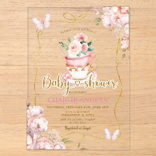 Invitations En Acrylique Fleurs Rose Pâle Papillon Fête du Thé Baby Shower