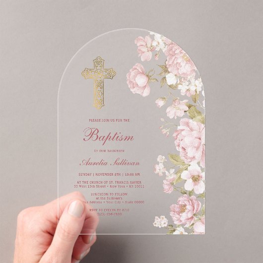 Invitations En Acrylique Fleurs Roses Arche Baptême (In situ (ordinateur de poche))