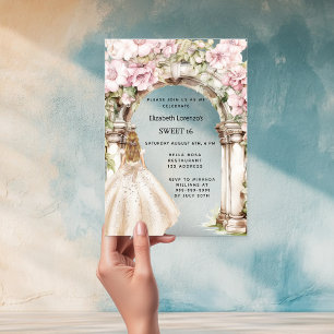 Invitations En Acrylique Fleurs roses arche robe blanche clair Sweet 16