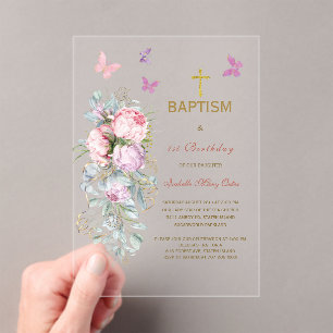 Invitations En Acrylique Fleurs roses Baptême papillon