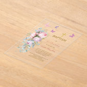 Invitations En Acrylique Fleurs roses Baptême papillon (Poser)
