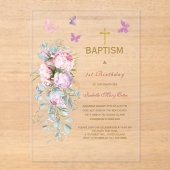 Invitations En Acrylique Fleurs roses Baptême papillon (Recto)