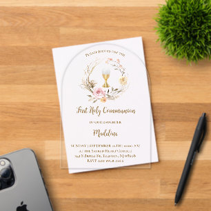 Invitations En Acrylique fleurs roses beige   Première communion
