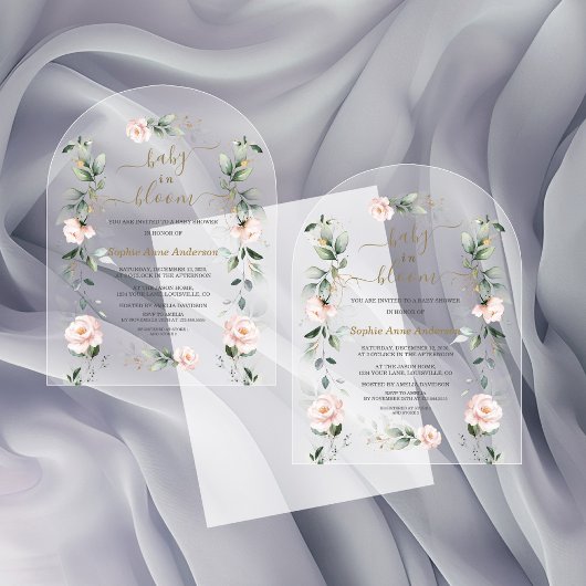 Invitations En Acrylique Fleurs roses Blush Gold Girl en Fleur