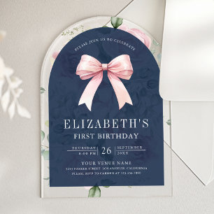 Invitations En Acrylique Fleurs roses coquette noeud papillon bleu marine P