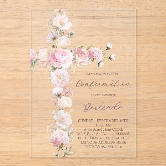 Invitations En Acrylique fleurs roses croix Confirmation (Recto)