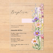 Invitations En Acrylique Fleurs roses croix fille claire Baptême (Recto)
